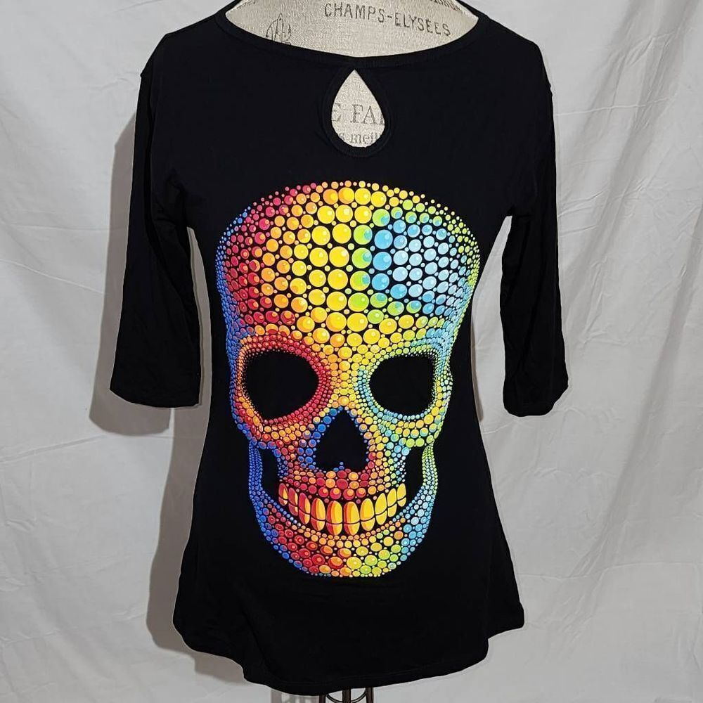 NWT Ay Guey‎ Womens Bluson 3/4 Sleeve Vaneka Rainbow Skull Shirt GD